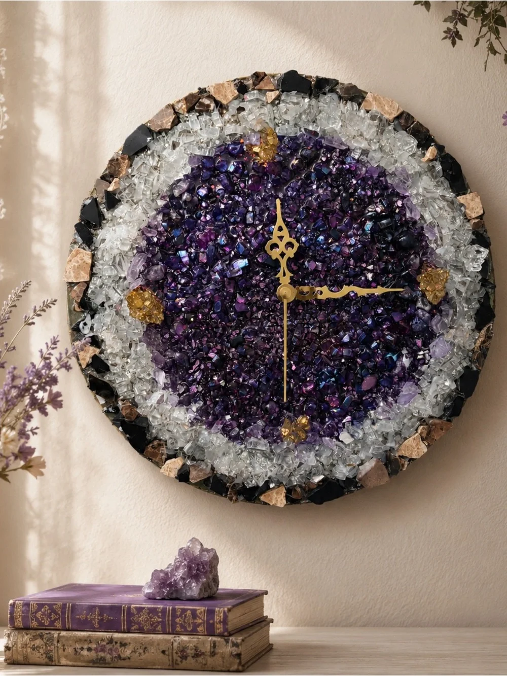 Handmade Amethyst Crystal Geode Wall Clock by